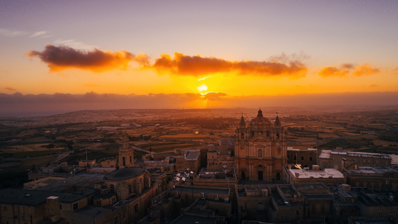 Aerial view of Mdina at sunrise